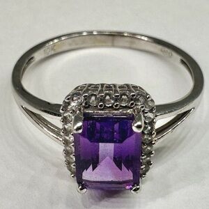 Genuine Amethyst and Diamond Ring 10k White Gold Natural Halo Purple Gem 6.5